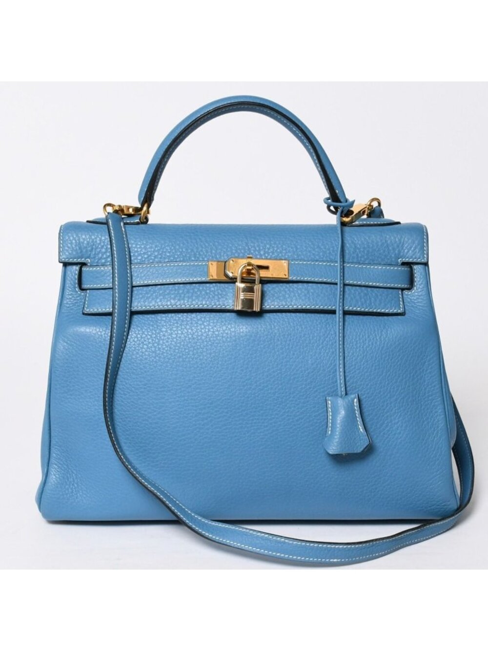 Hermes Kelly 32 Retourne Blue Jean Gold Taurillon Clemence Handbag 2-Way